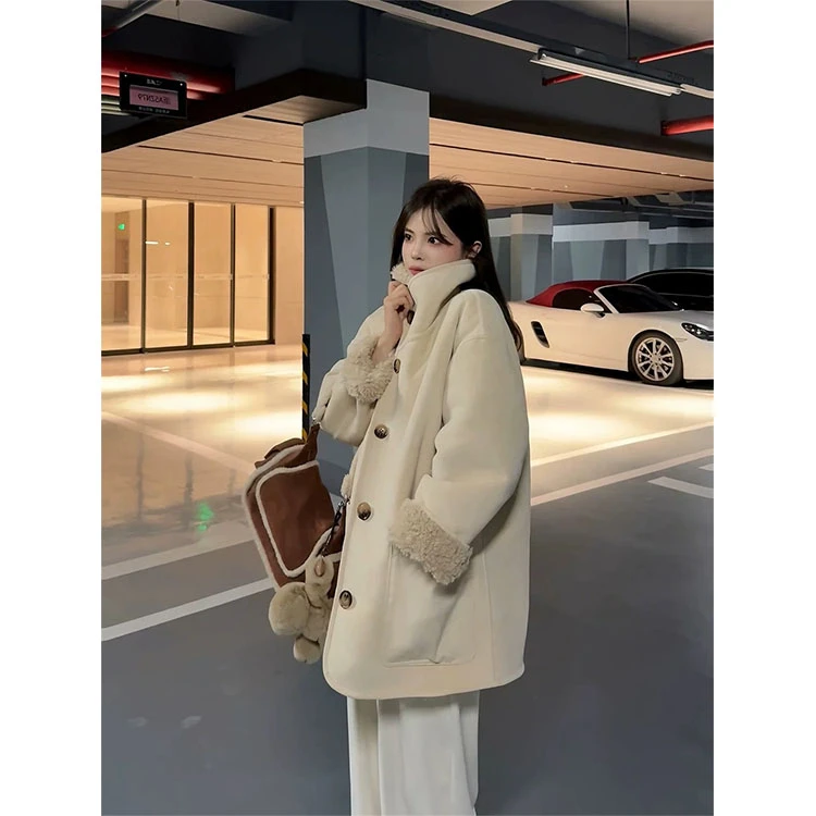 ZX6041时尚宽松加厚双面穿皮毛一体外套女2024秋冬新款麂皮绒大衣