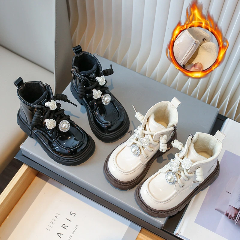 女童马丁靴秋冬新款加绒儿童靴子水钻小女孩棉靴侧拉链女宝宝短靴