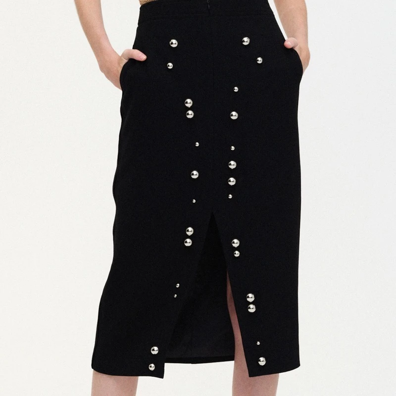 JACQUES WEI黑色铆钉开叉半裙