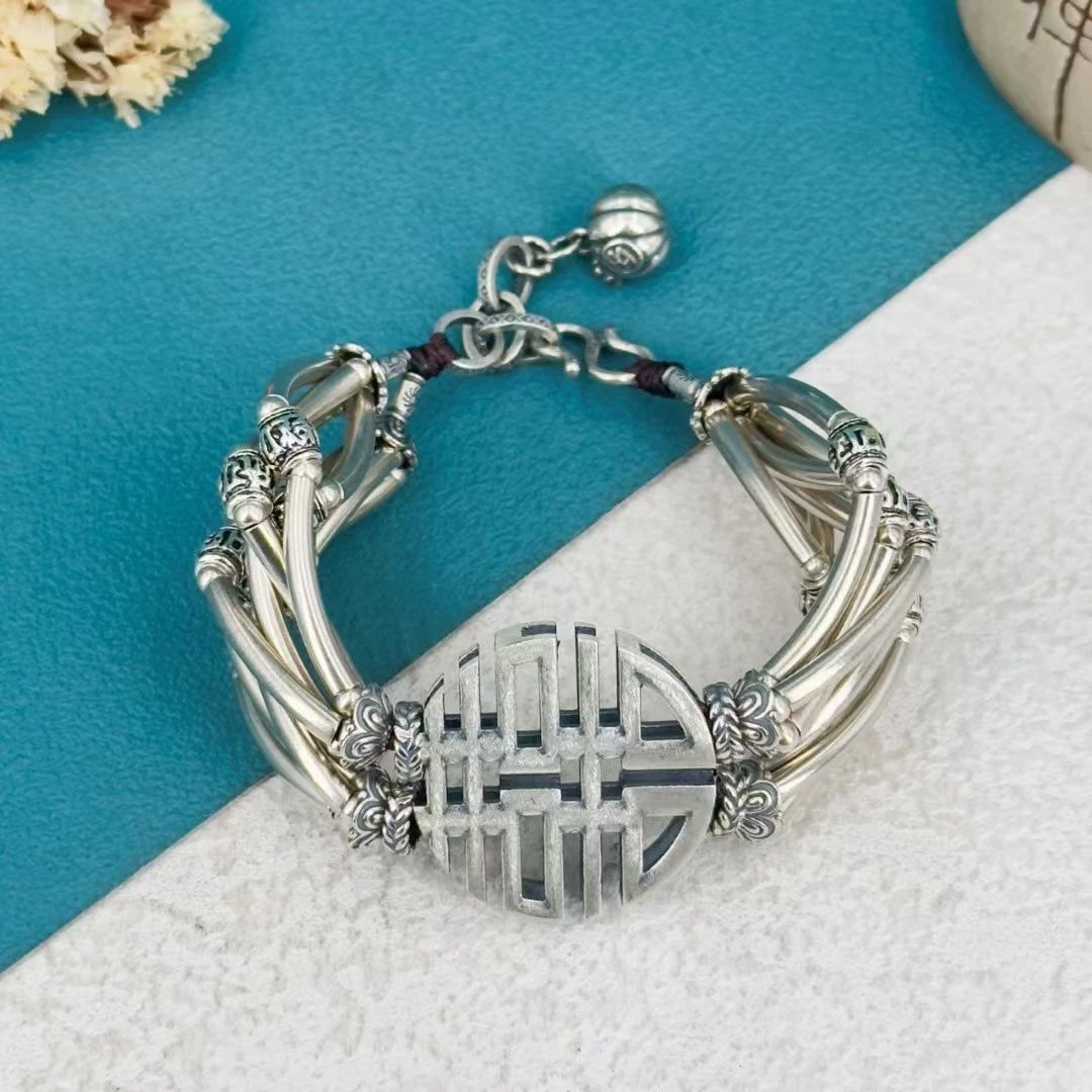 925银手链 【琪隆】古法老银工艺 重工 圆喜手链 百搭 手工