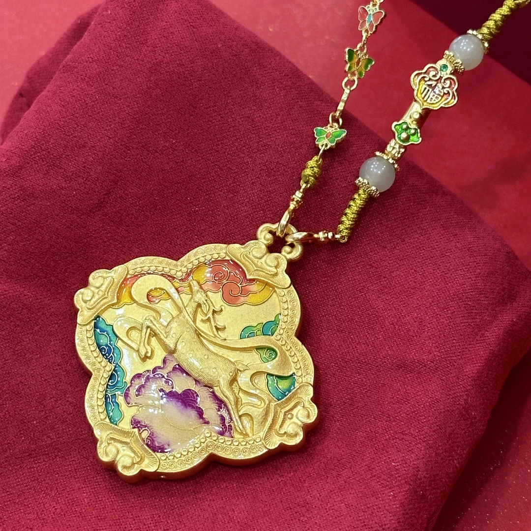 吊坠足银 足银999纯银珐琅彩锁项链宫廷风金鹿图女士项链