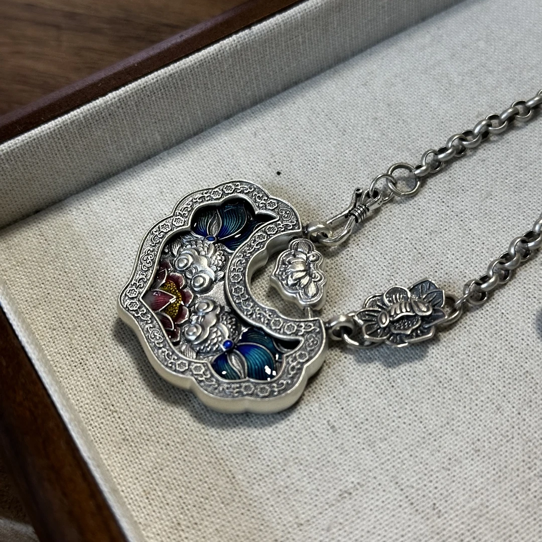 吊坠足银 999纯银双鱼锦鲤锁复古国风烧蓝新中式编织款纯银平安锁