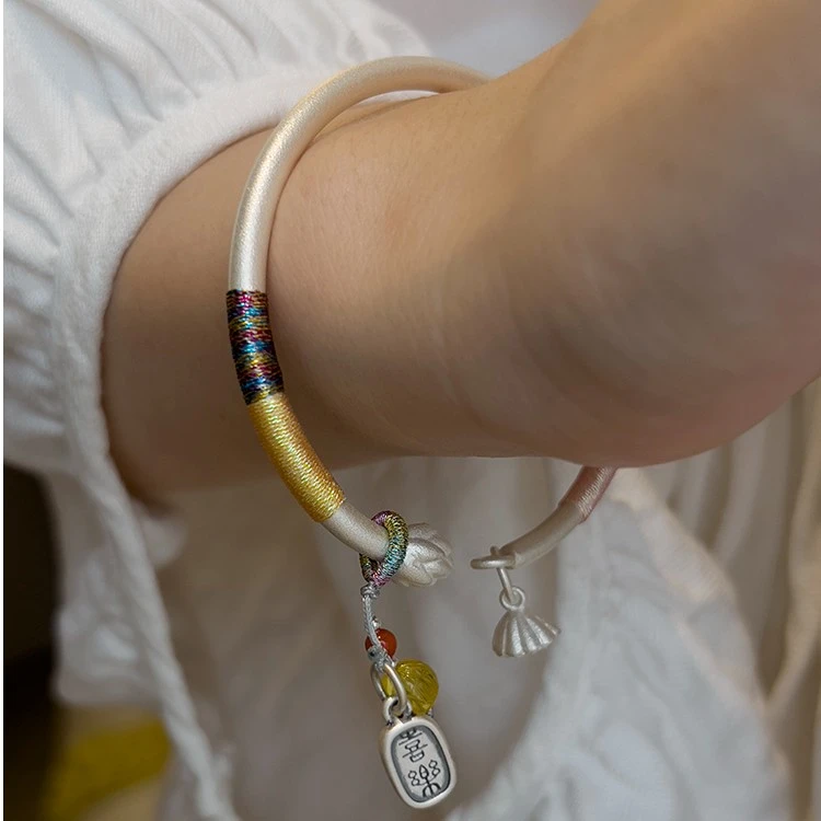 足银手镯 9999纯银两世欢银手镯年轻款镯子古法传承手工编绳手环