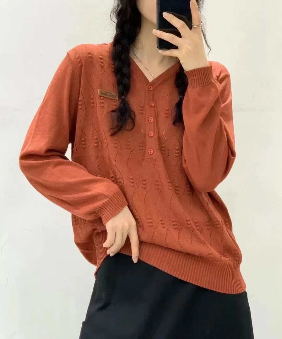 新款休闲时尚百搭V领针织衫 套头上衣女士宽松长袖毛衣