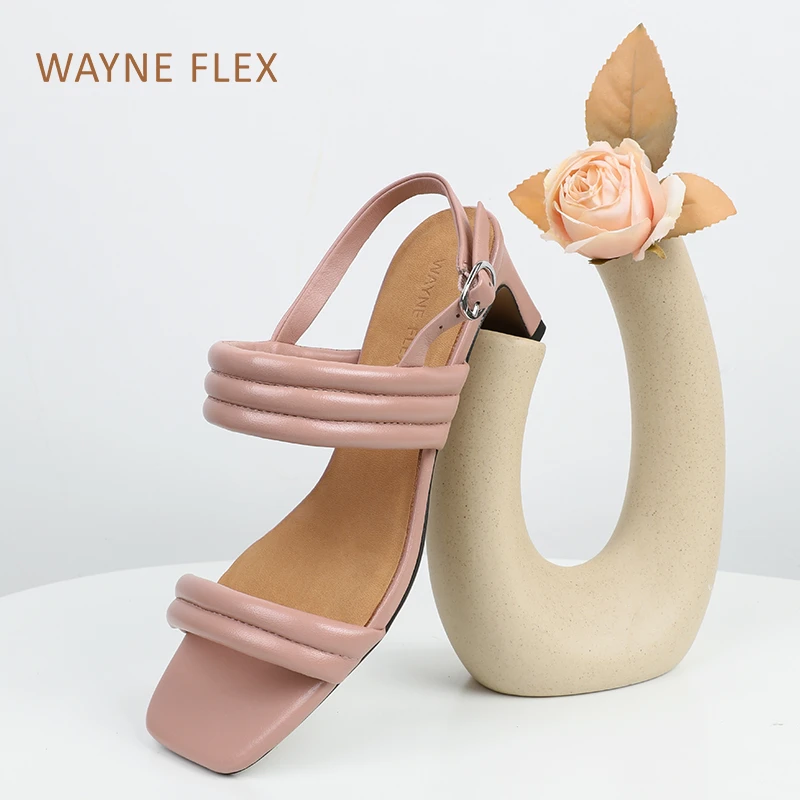 韦恩Wayneflex女真皮凉拖鞋方头扁跟中跟露趾一字带时装凉鞋4130