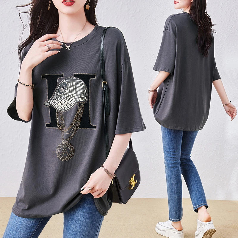 短袖T恤女棉夏季2024新款大码胖mm中长款宽松遮肚藏肉休闲上衣
