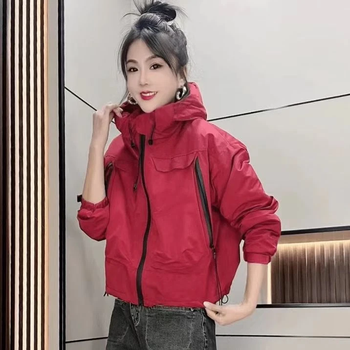 新款韩版宽松休闲连帽大兜拉链百搭冲锋衣女工装风衣外套
