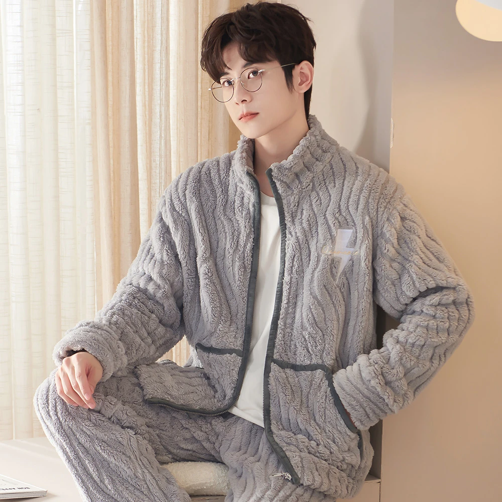 睡衣男秋冬加厚加绒法兰绒套装珊瑚绒家居服开衫拉链大码保暖冬装