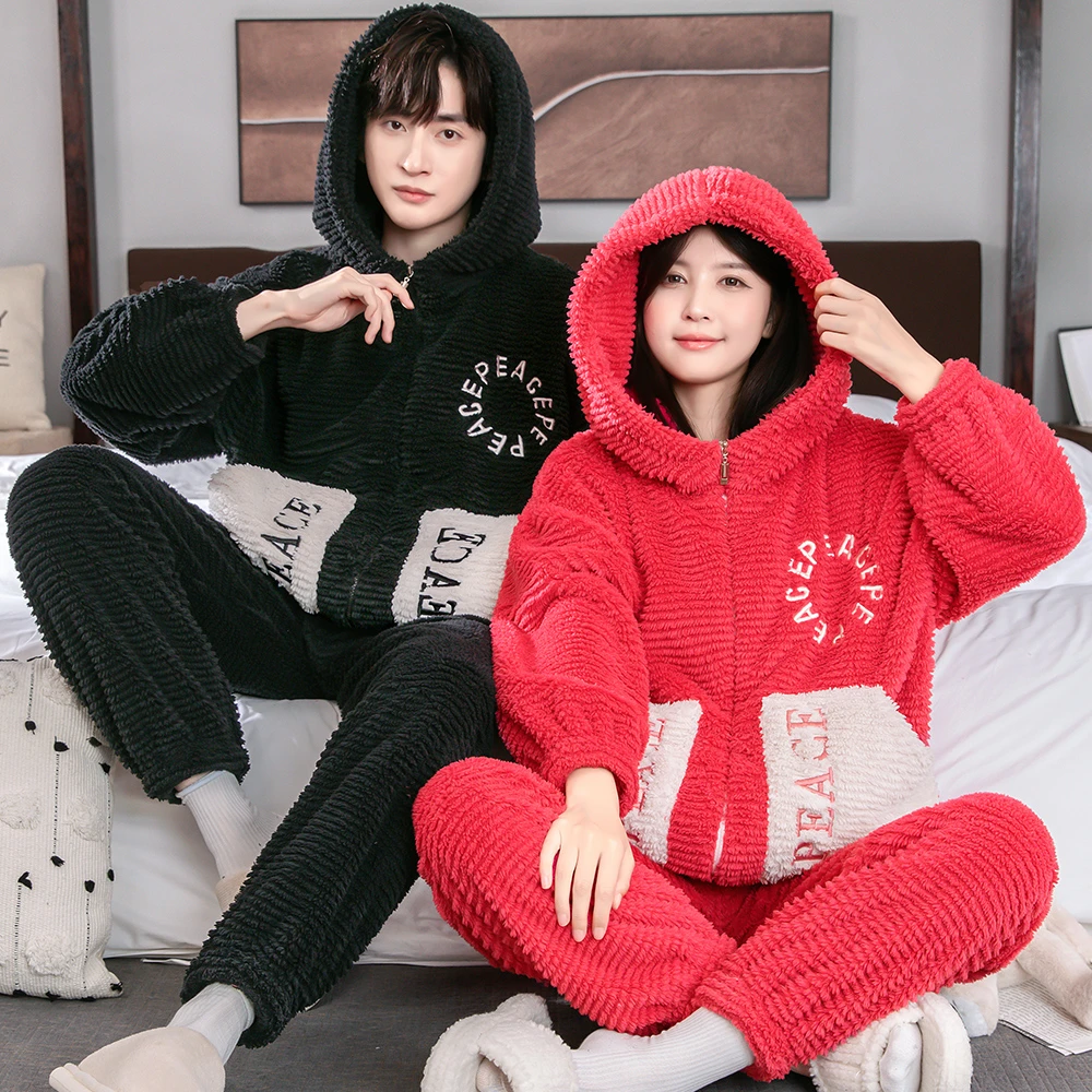 情侣睡衣女秋冬季加厚珊瑚绒男可外穿法兰绒情侣家居服睡衣女套装