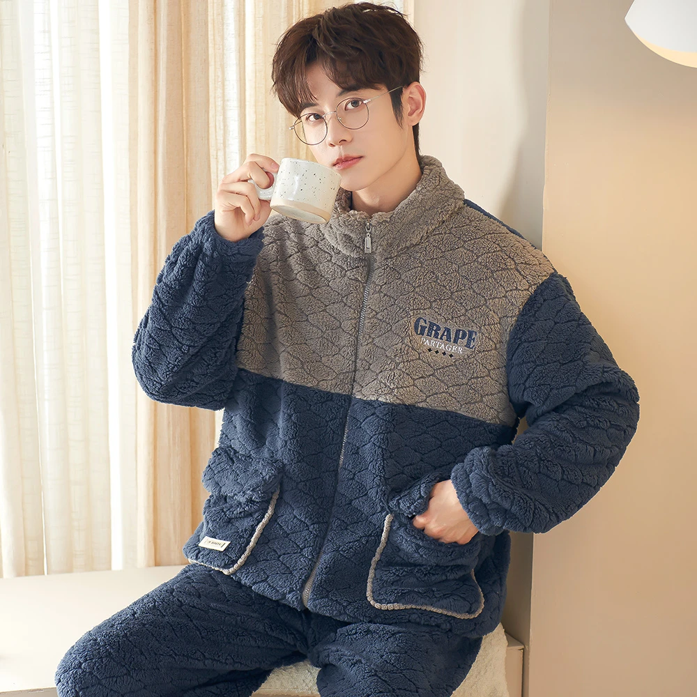 睡衣男秋冬天季加厚法兰绒套装珊瑚绒家居服加绒拉链大码保暖冬装