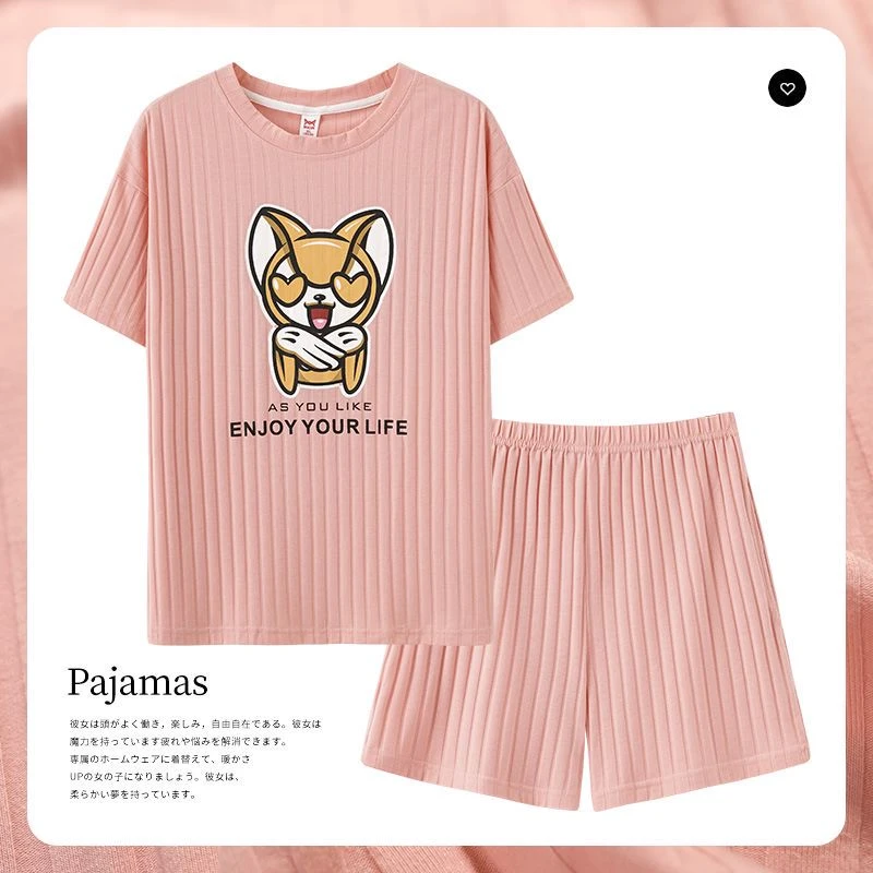 猫人2024年新款夏季纯棉圆领短袖短裤休闲家居服套装女款薄款宽松