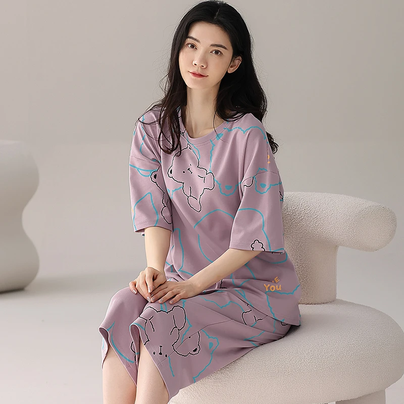 猫人2024年夏季新款纯棉圆领短袖七分裤睡衣家居服套装女士时尚