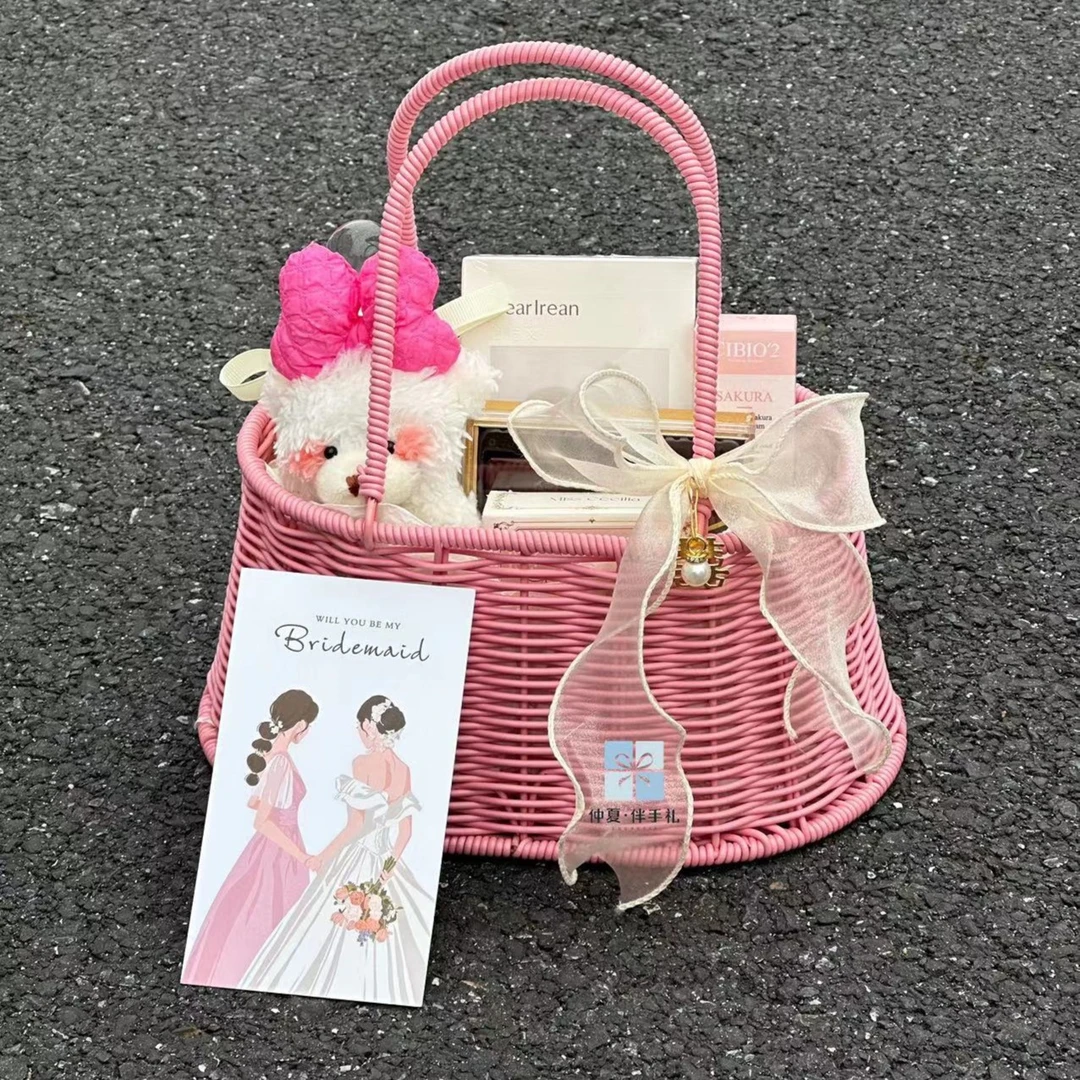 甜甜粉色手提藤编菜篮子伴手礼 伴娘伴手礼 婚礼伴手礼 精致礼盒