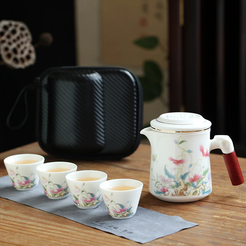 旅行茶具套装家用整套加厚泡茶壶茶杯便携包陶瓷手柄壶户外茶具
