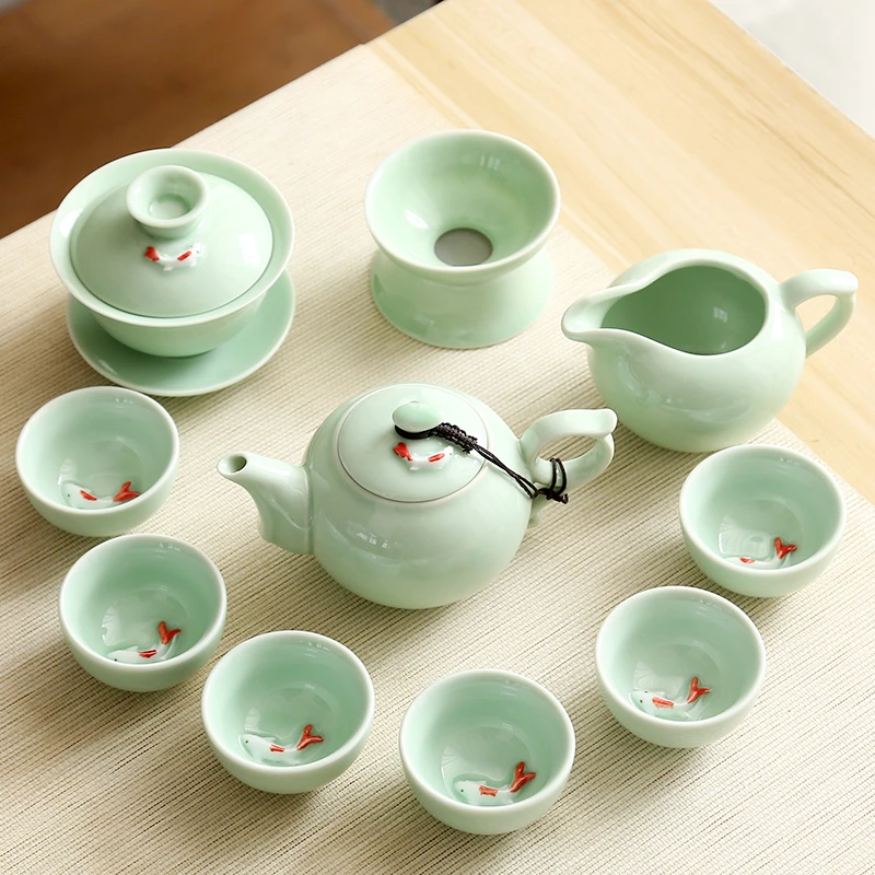 青瓷功夫茶具套装陶瓷家用办公简约泡茶壶盖碗杯洗茶道茶盘整套