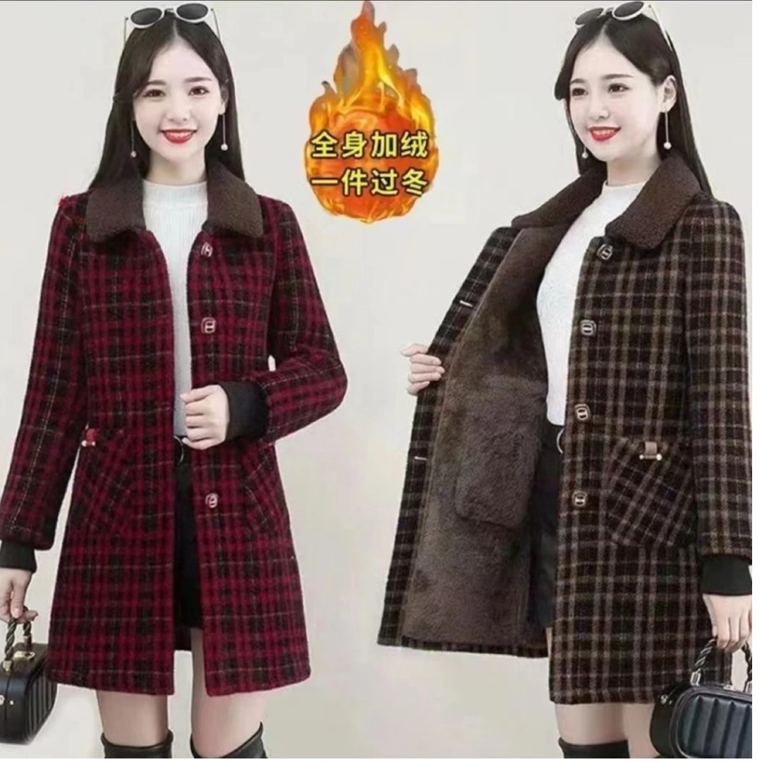 中年女装加绒大码中长款加厚保暖过冬格子上衣新款妈妈装秋冬外套