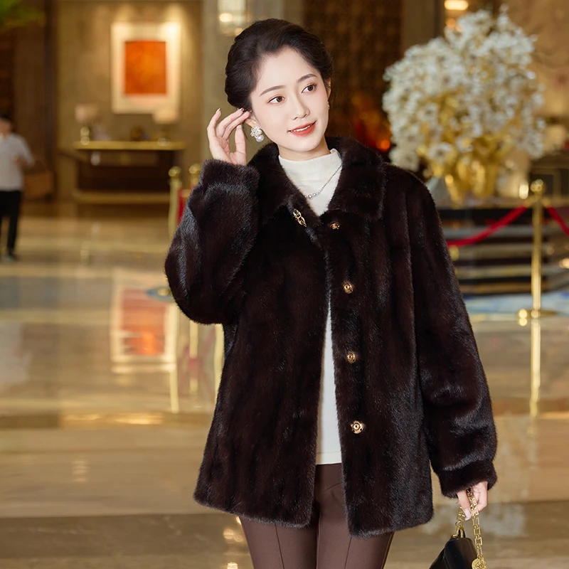 新款冬季翻领中年女装加厚外套休闲气质保暖时尚妈妈装贵妇人大衣