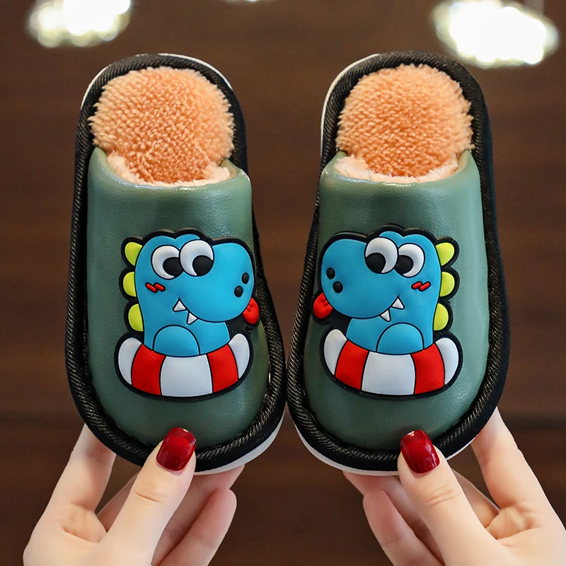 儿童棉拖鞋亲子PU皮面防水男女童小孩室内居家毛毛鞋秋冬卡通防滑