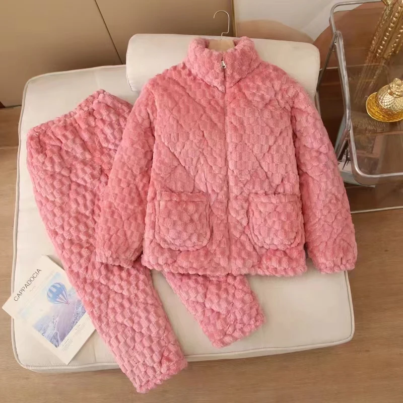 睡衣女2024冬季新款加绒加厚三层夹棉保暖大码宽松棉袄家居服套装