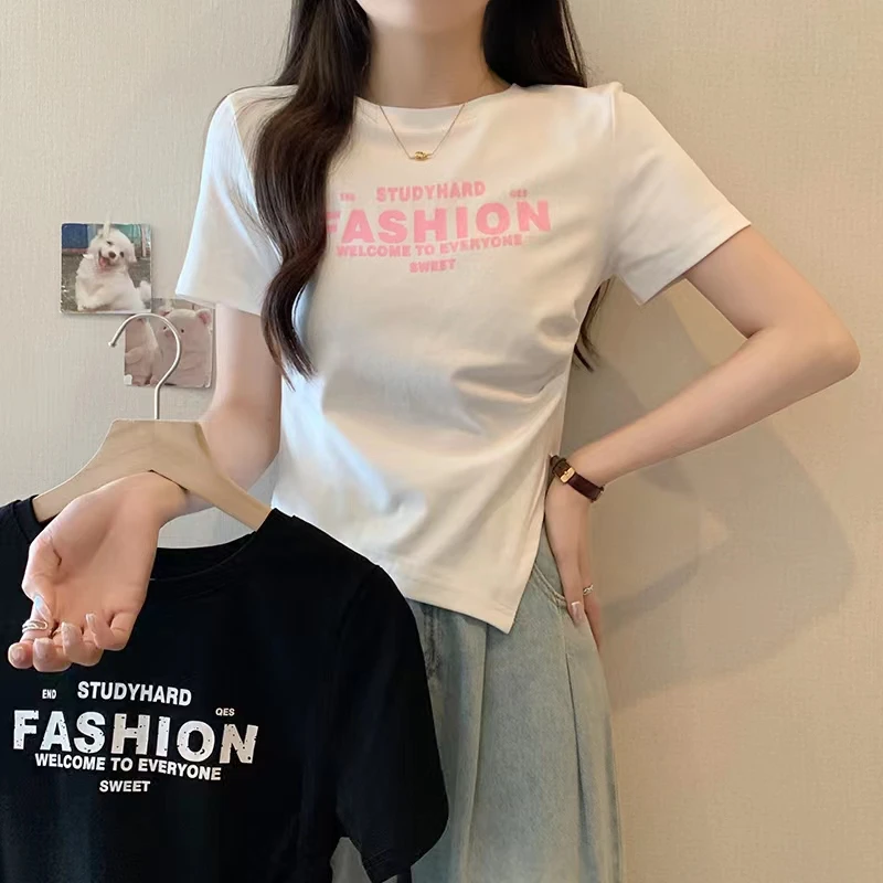 2024夏装新款胖mm时尚百搭显瘦遮肉字母印花辣妹上衣T恤