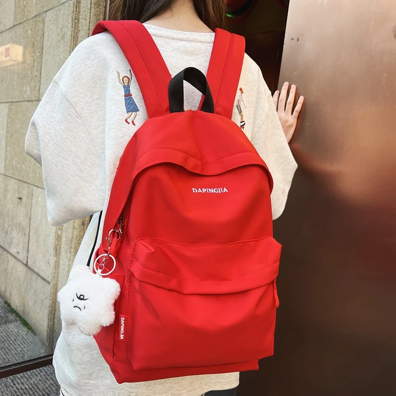 红色双肩包女日系简约大学生书包男高中学生大容量旅行高颜值背包