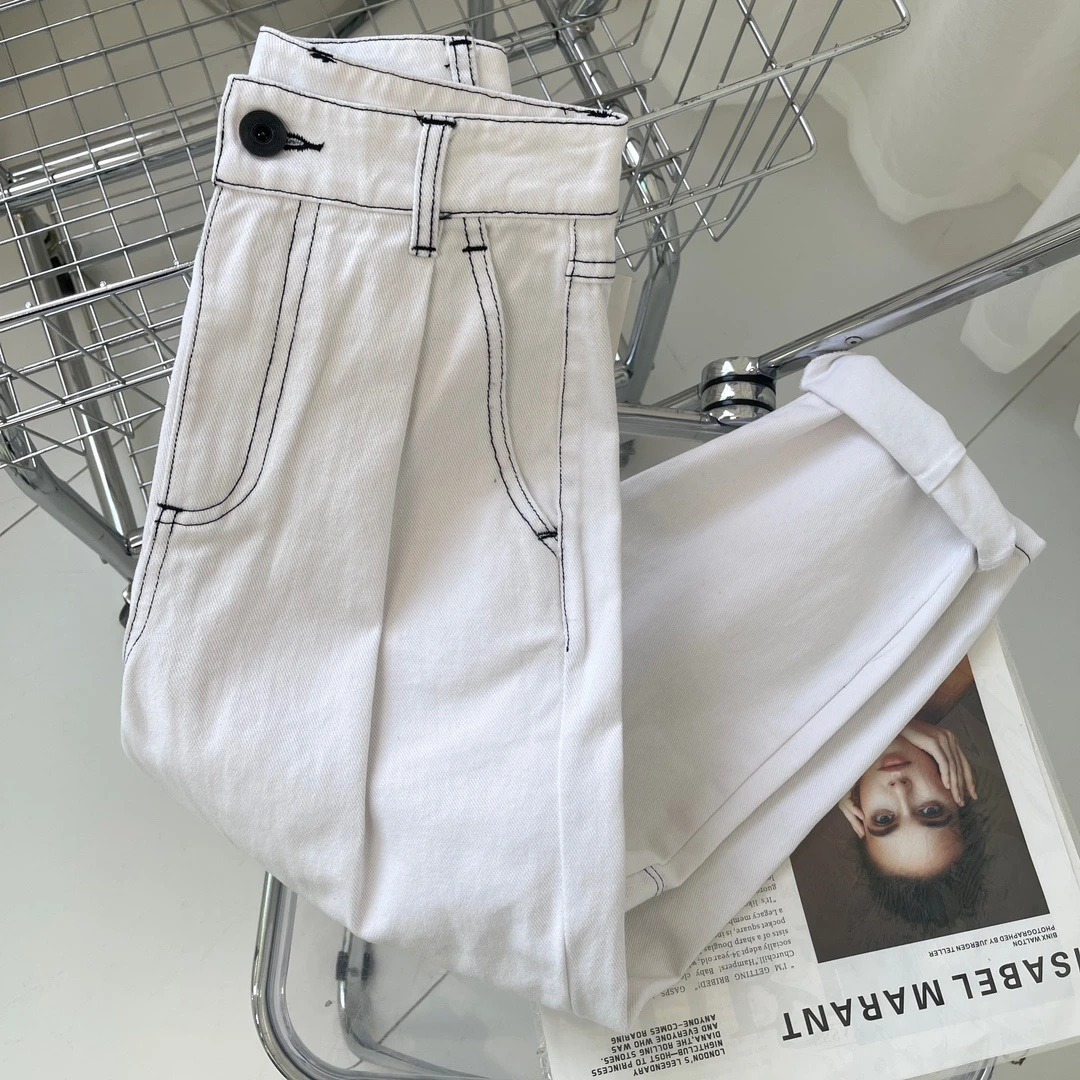 W00411 白色休闲工装裤百搭宽松高腰设计感显瘦阔腿直筒牛仔裤子