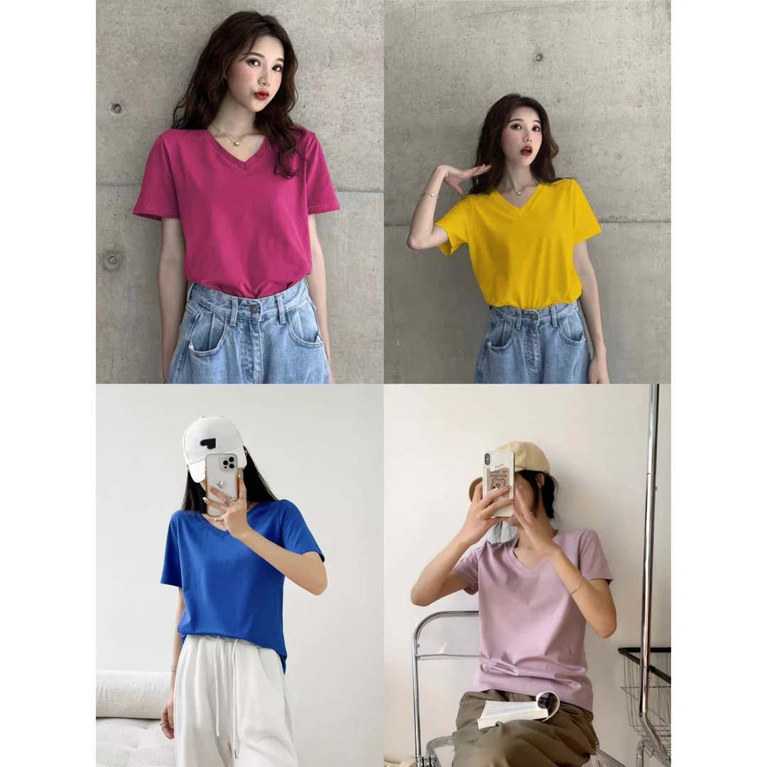 W00581冰凉舒适V领短袖T恤女夏季韩版宽松显瘦半袖纯色打底衫