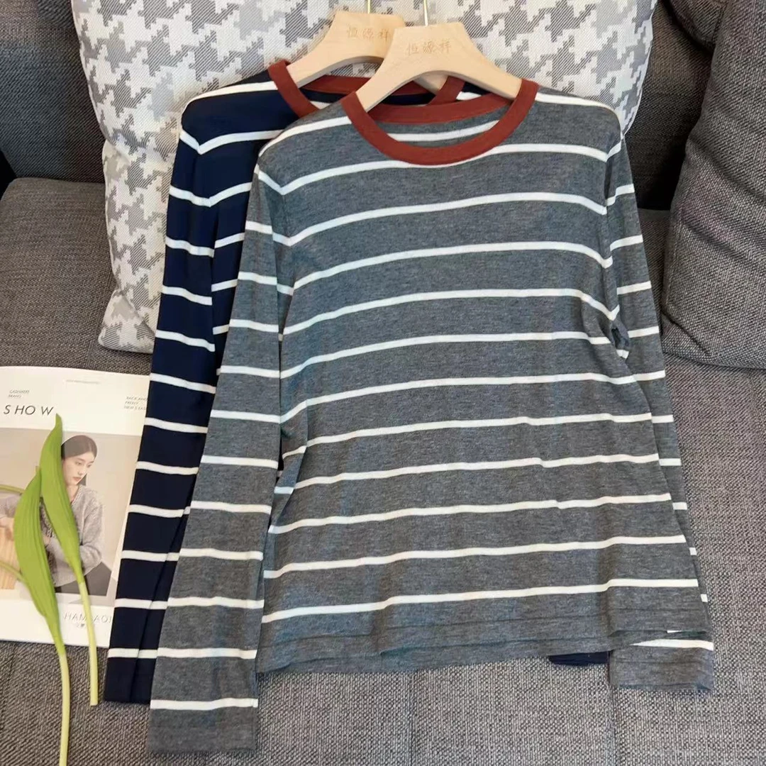 【美姐说】女撞色圆领条纹衫3576