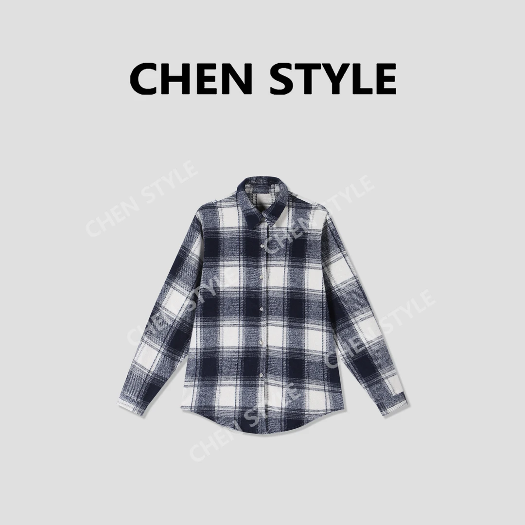 楚楚君~【格子外套】C53928加厚宽松不规则下摆格子衬衫外套