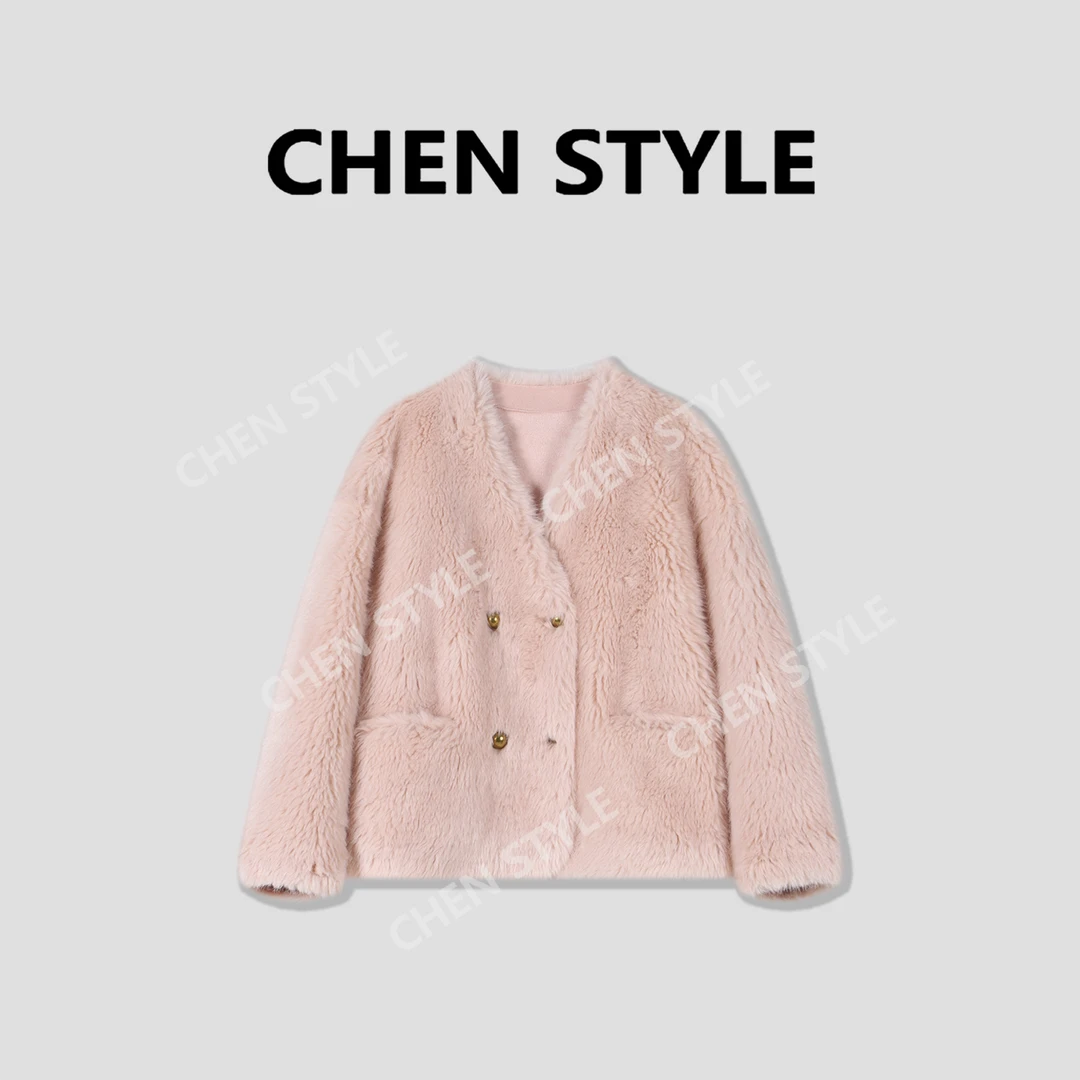 楚楚君~【名媛贵妇】WT59215冬季小香V领扣子毛茸茸外套