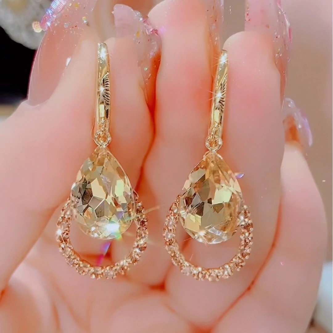 铜合金仿水晶耳饰 198新款时尚金色水滴百搭耳扣耳环气质轻奢