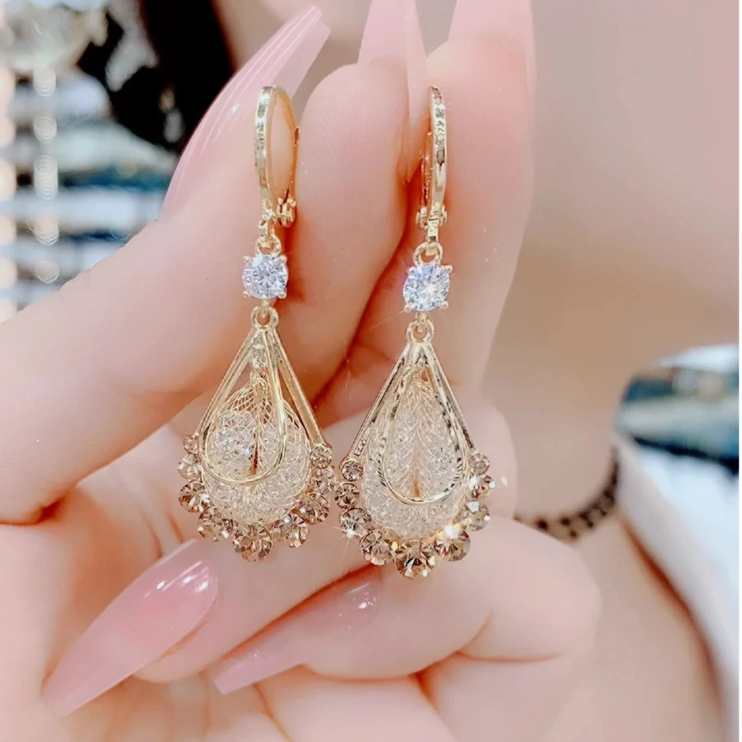 铜合金合成锆石耳饰 160时尚百搭气质精致大气耳扣长款耳环轻奢