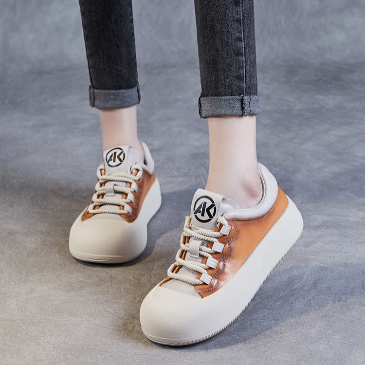 真皮手工女鞋新款春休闲系带圆头潮春秋运动时尚百搭软底平底韩版