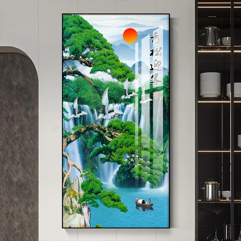 青松迎客玄关走廊过道装饰画晶瓷镶钻画进门入户正对墙挂画