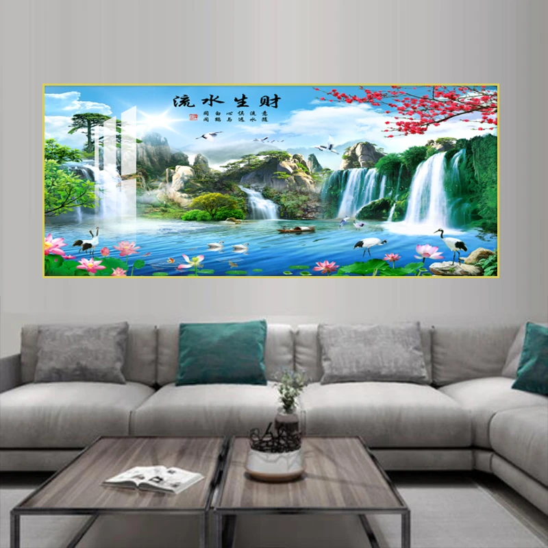 流水生财 新中式客厅装饰画轻奢沙发背景墙画寓意好高端挂画