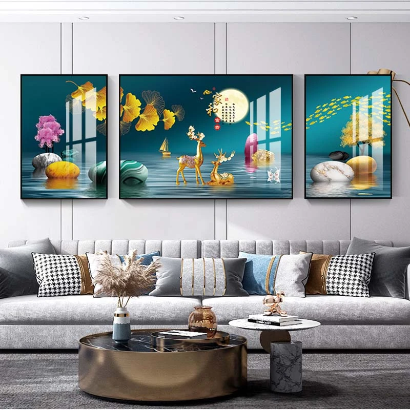 轻奢客厅装饰画家和富贵沙发背景墙挂画现代横版三联晶瓷画