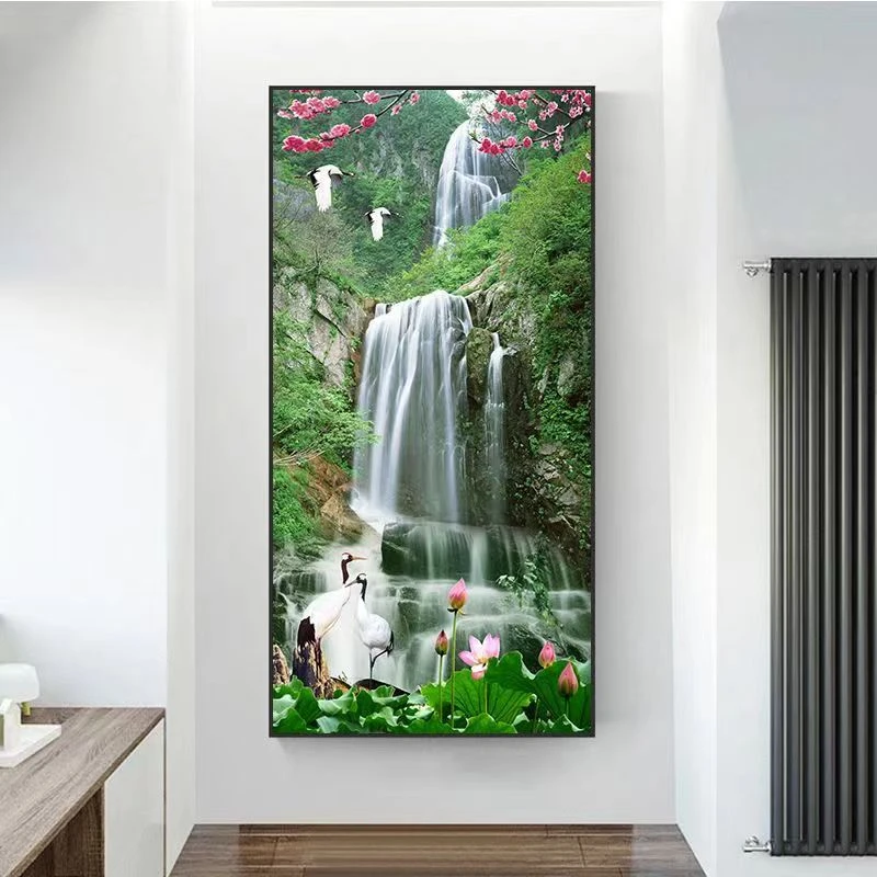 流水生财玄关走廊过道装饰画led灯晶瓷镶钻画进门入户正对墙挂画