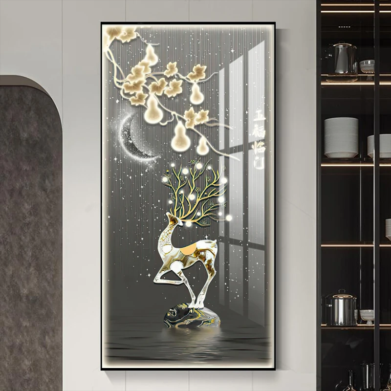 麋鹿玄关走廊过道装饰画led灯晶瓷镶钻画进门入户正对墙挂画