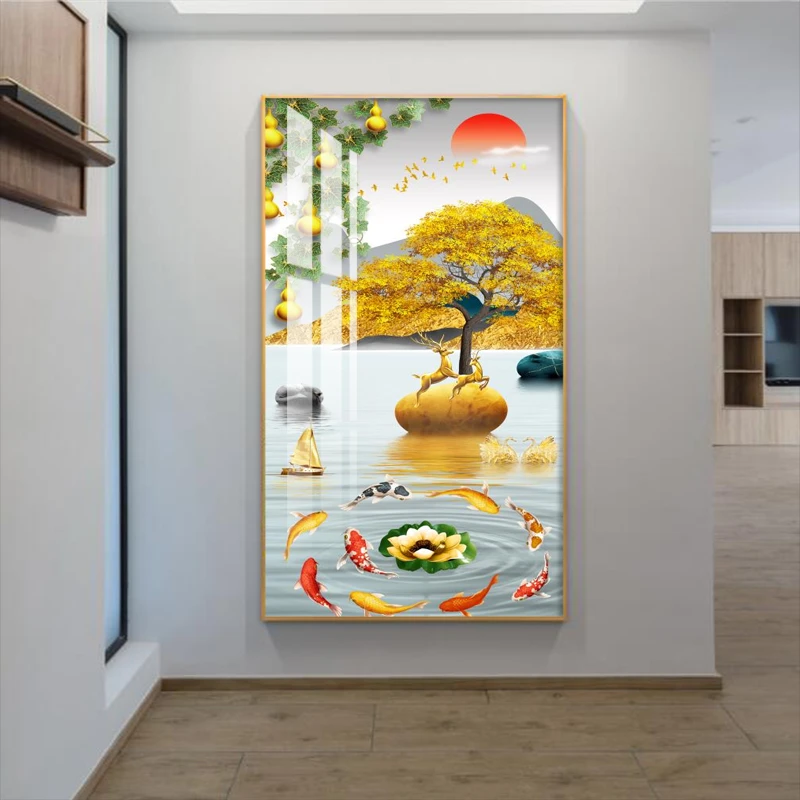 九鱼葫芦玄关LED灯带装饰画现代寓意好走廊壁画轻奢入户挂画