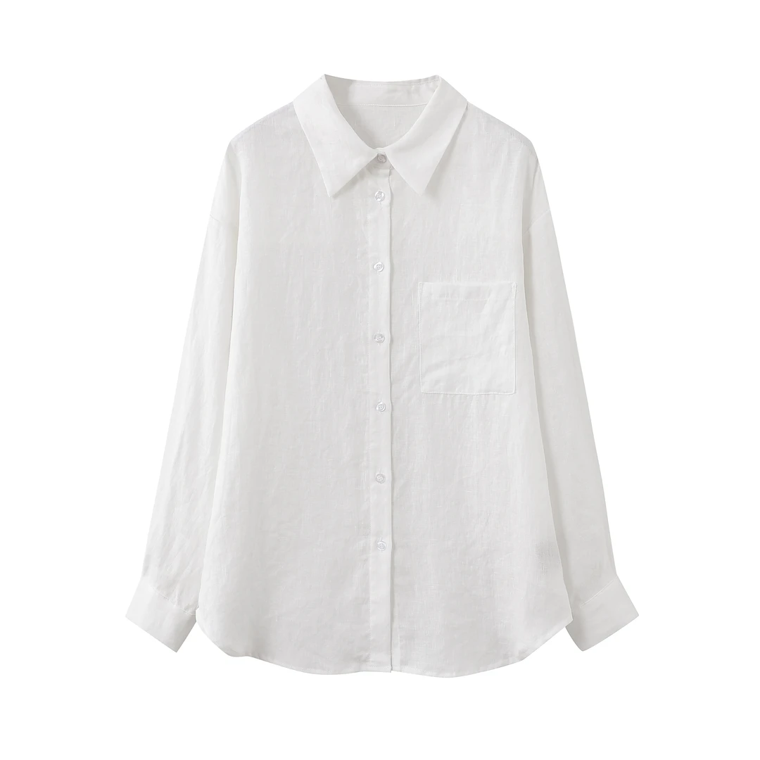 【100砂洗亚麻】夏季简约时尚休闲白色翻领长袖衬衫