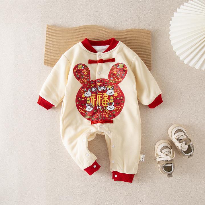 中国风婴儿拜年服冬季男女宝宝新年装喜庆过年新生儿连体衣