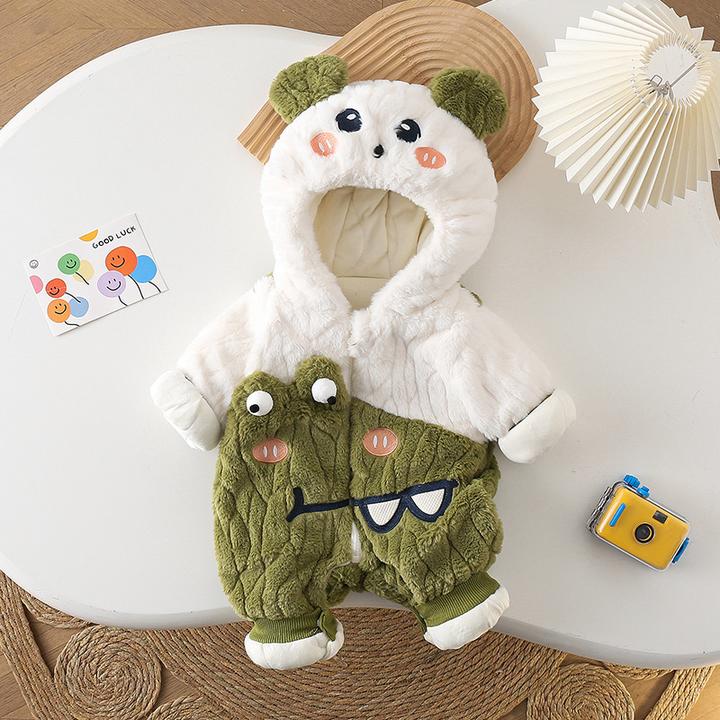 婴儿冬季连体衣新生儿加绒加厚毛毛衣宝宝卡通造型服外出抱衣连帽