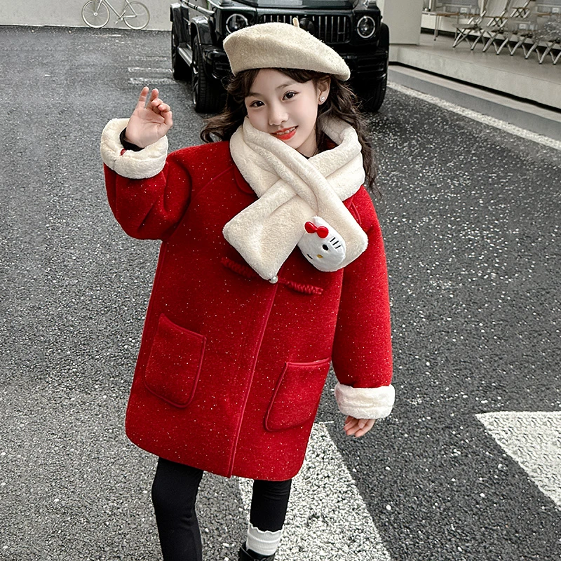 女童加绒毛呢大衣冬季2023新款中大童洋气女孩红色圣诞夹棉拜年服