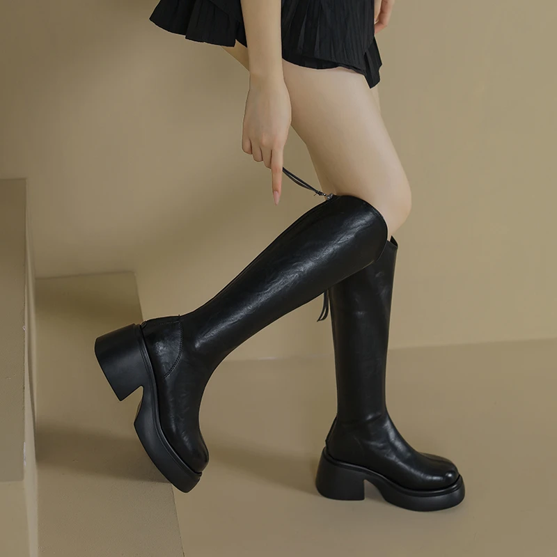 小个子厚底高跟靴子女2024新款V口长筒靴秋冬时尚百搭加绒骑士靴