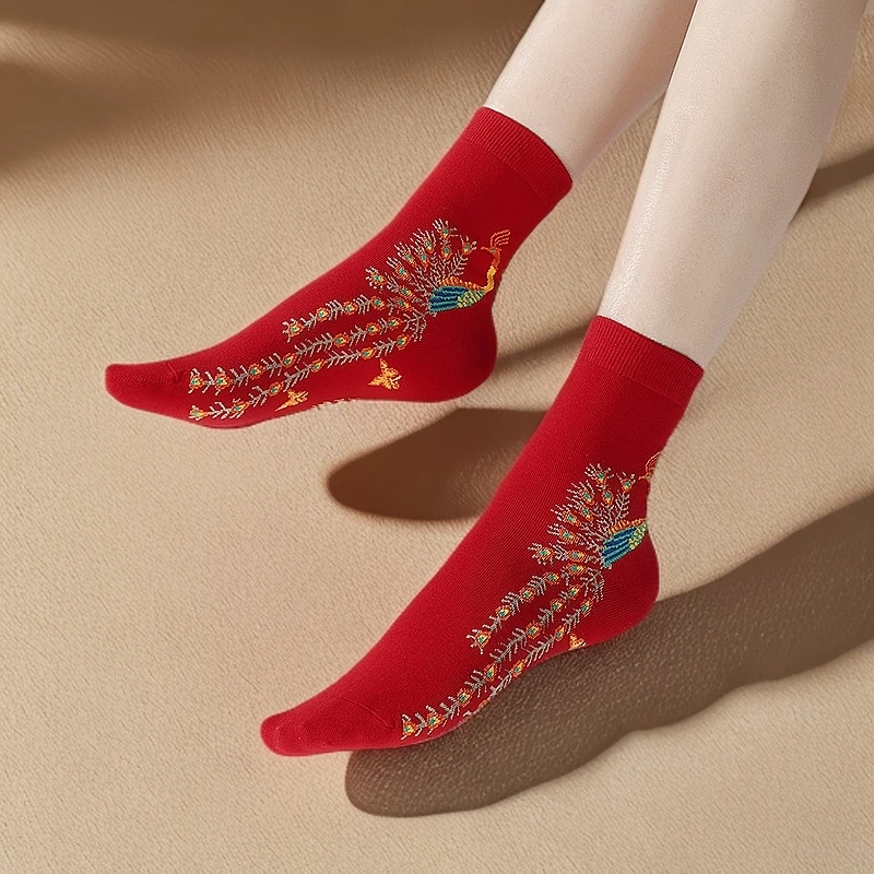 新款女士棉袜红色中筒本命年大红色精品高端棉纱中年女士妈妈袜