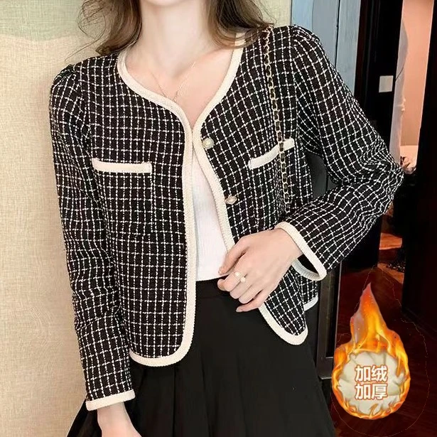 加绒小香风外套女法式名媛宽松短款气质圆领粗花呢上衣Q115