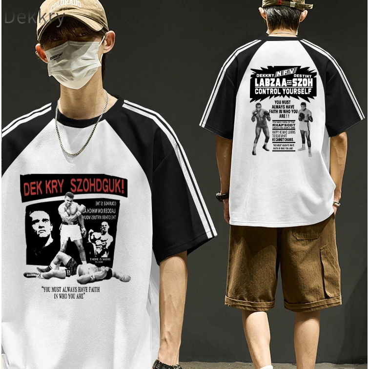 Dekkry美式重磅休闲字母印花拼接短袖夏季街头宽松纯棉三条杠上衣