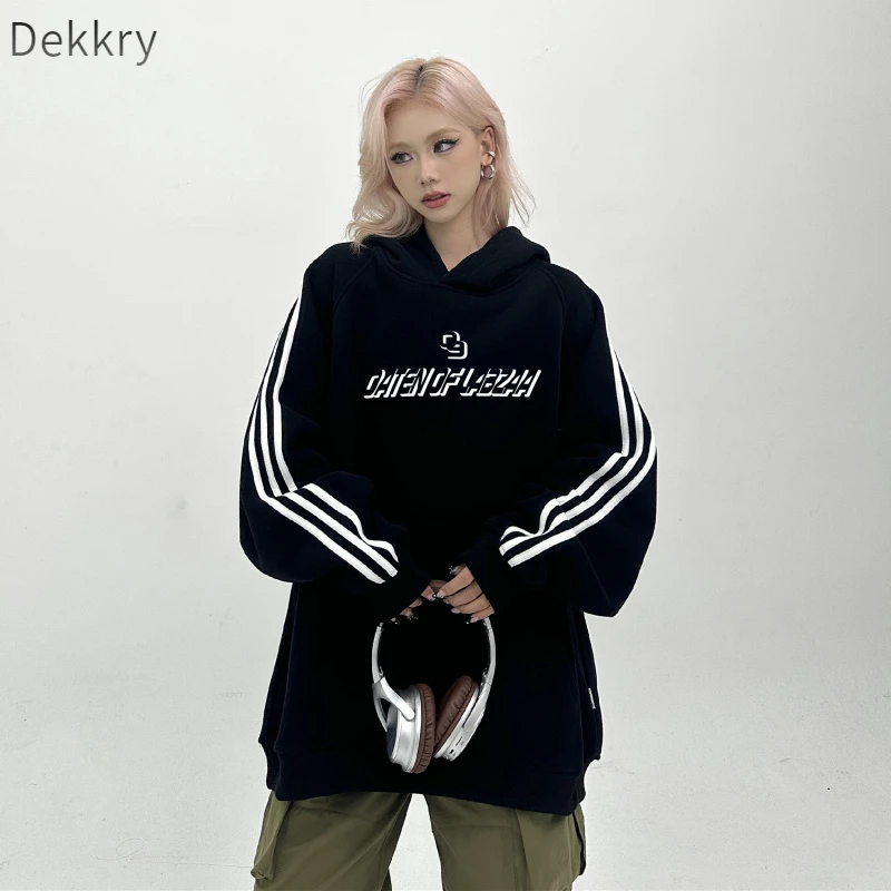 Dekkry简约风数字印花连帽卫衣男冬季时尚百搭黑色宽松加绒ins