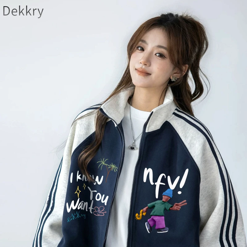 Dekkry美式复古撞色开衫情侣运动外套时尚卫衣春秋休闲宽松潮流