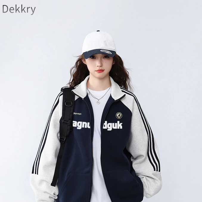 Dekkry美式条纹拼色运动立领女春秋长袖休闲训练时尚百搭情侣宽松